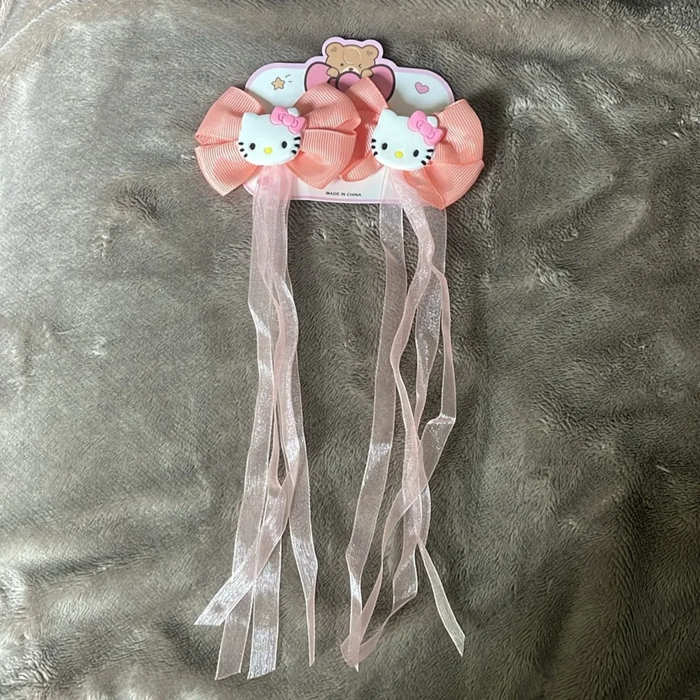 Hello Kitty Peach Hair Bows set of two with streaming ribbons NWT